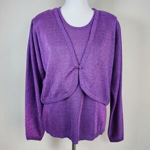 Vintage Purple Sweater Set Womens Large Shoulder Pads Metallic‎ Knit 80s Dallas